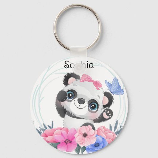 Niedlich Baby Panda Blume Wreath Individuelle Name Schlüsselanhänger (Vorderseite)