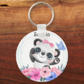 Niedlich Baby Panda Blume Wreath Individuelle Name Schlüsselanhänger (Vorderseite)
