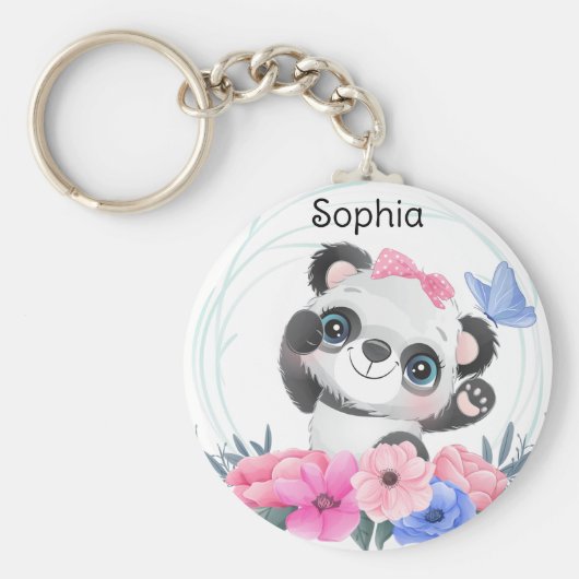 Niedlich Baby Panda Blume Wreath Individuelle Name Schlüsselanhänger (Vorne)