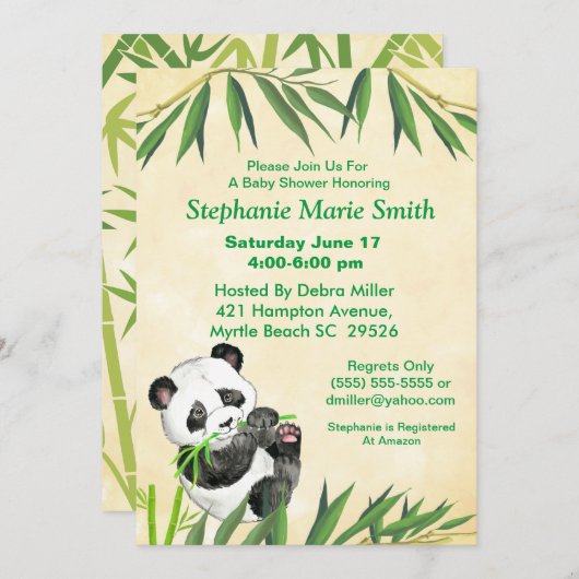 Niedlich Baby Panda Green Bamboo Babydusche Einladung (Vorne/Hinten)