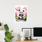 Niedlich Baby Panda mit Herzballon - Wasserfarbe Poster (Heimbüro)