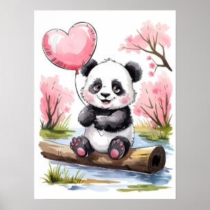 Niedlich Baby Panda mit Herzballon - Wasserfarbe Poster
