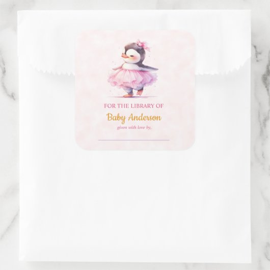 Niedlich Baby Penguin Ballerina Baby Dusche Buchze Quadratischer Aufkleber (Tasche)
