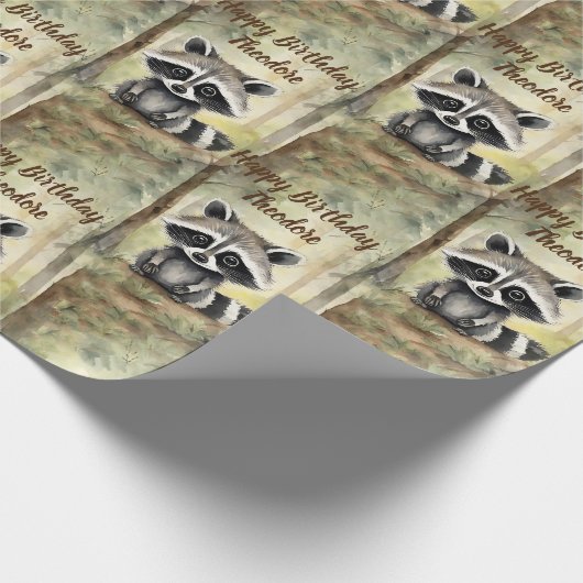Niedlich Baby Raccoon Personalisiert Geburtstag Geschenkpapier (Ecke)