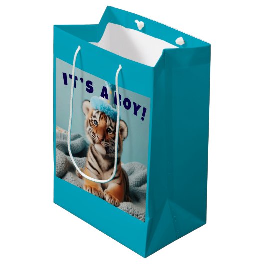 Niedlich Baby Reveal Boy Blue Baby Tiger Mittlere Geschenktüte (Vorderseite Schrägansicht)