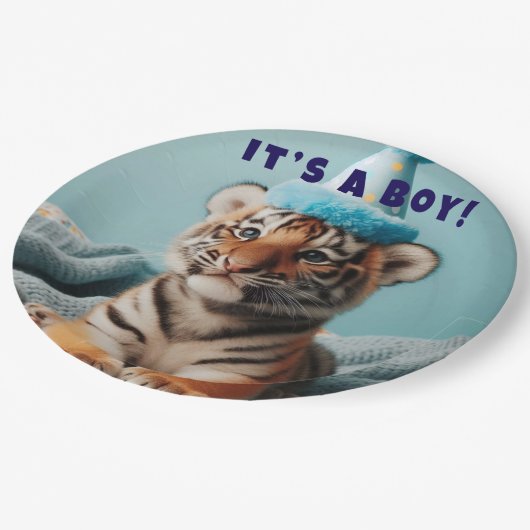Niedlich Baby Reveal Boy Blue Baby Tiger Pappteller (Schrägansicht)