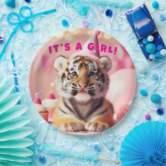 Niedlich Baby Reveal Girl Pink Baby Tiger Pappteller (Party)
