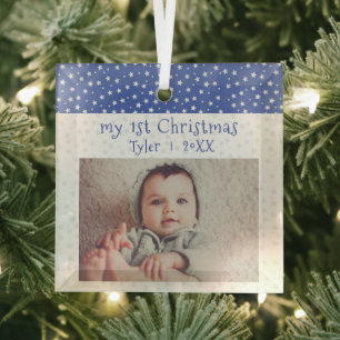 Niedlich Baby`s 1`Christmas Blue Stars Foto Baby Ornament Aus Glas