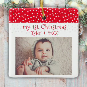 Niedlich Baby`s 1`Christmas Red Stars Foto Baby Keramikornament