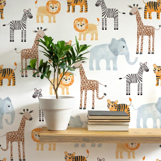 Niedlich Baby Safari Tierfarbmuster Tapete (Cute safari animal lion, tiger, elephant, giraffe and zebra nursery and kids room decor wallpaper)