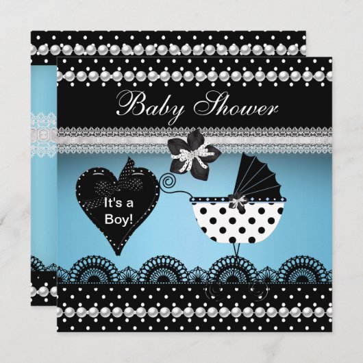 Niedlich Baby Shower Baby Boy Blue Black Spot 2 Einladung (Vorne/Hinten)