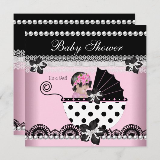 Niedlich Baby Shower Baby Girl Pink Black Pearl Einladung (Vorne/Hinten)