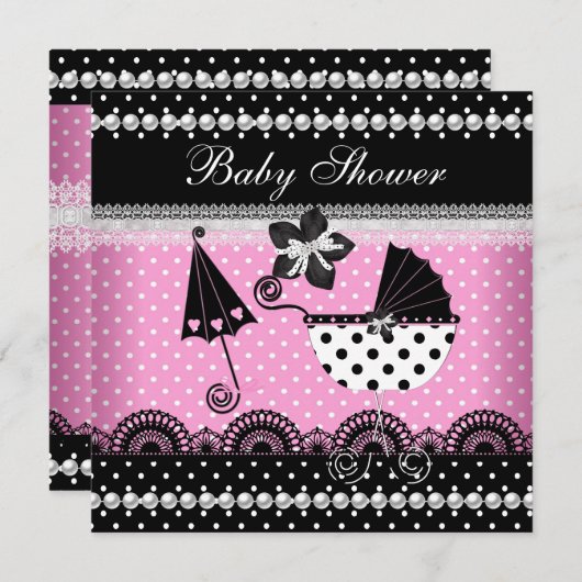Niedlich Baby Shower Baby Girl Pink Black Spot Einladung (Vorne/Hinten)