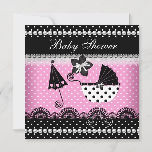 Niedlich Baby Shower Baby Girl Pink Black Spot Einladung (Vorderseite)