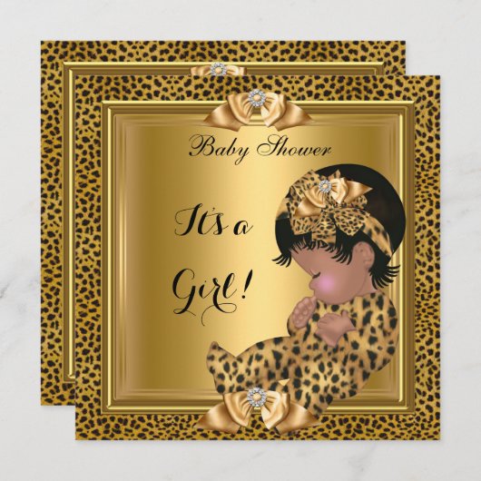 Niedlich Baby Shower Baby Leopard Gold Einladung (Vorne/Hinten)