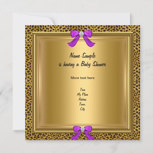 Niedlich Baby Shower Baby Leopard Lila Gold 4 Einladung (Rückseite)