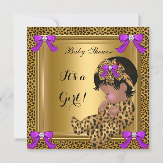 Niedlich Baby Shower Baby Leopard Lila Gold 4 Einladung (Vorderseite)