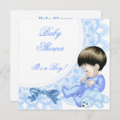 Niedlich Baby Shower Boy Blue White Einladung (Vorne/Hinten)