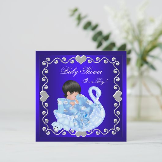 Niedlich Baby Shower Boy Royal Blue Swan Einladung (Stehend Vorderseite)