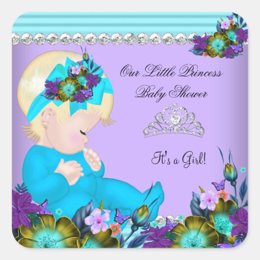 Niedlich Baby Shower Girl Aquamarin Blue Lila Blon Quadratischer Aufkleber (Vorderseite)