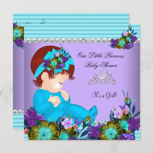 Niedlich Baby Shower Girl Aquamarin Blue Lila Redh Einladung (Vorne/Hinten)