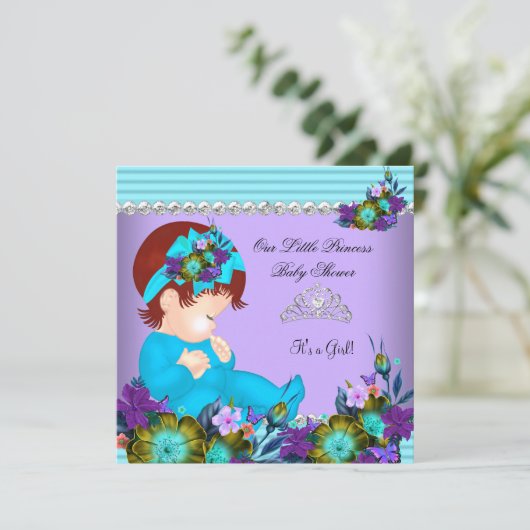 Niedlich Baby Shower Girl Aquamarin Blue Lila Redh Einladung (Stehend Vorderseite)