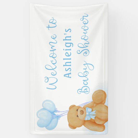 Niedlich Baby Shower Teddy Bear Blue Heart Balloon Banner (Vertikal)