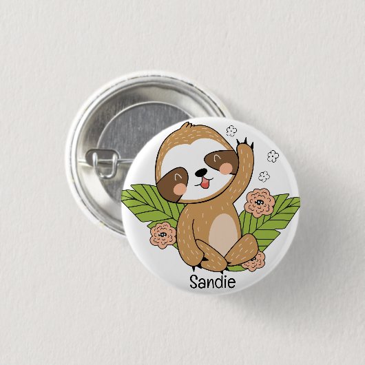 Niedlich Baby Sloth Individuelle Name Button (Vorne & Hinten)