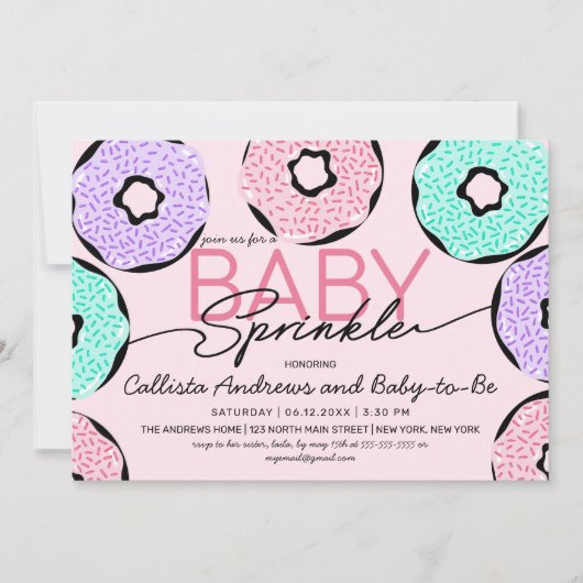 Niedlich Baby Sprinkle Rosa Lila Donuts Dusche Einladung (Vorderseite)