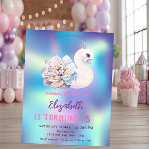 Niedlich Baby Swan Blume Blue Holographic Birthday Einladung