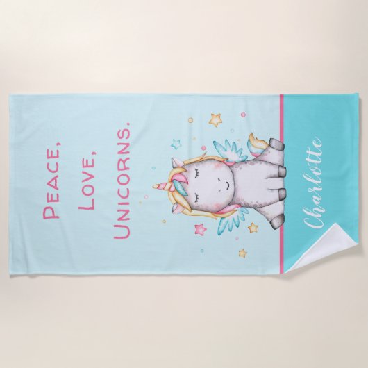 Niedlich Baby Unicorn Aquamarines Personalisiertes Strandtuch (Vorderseite)