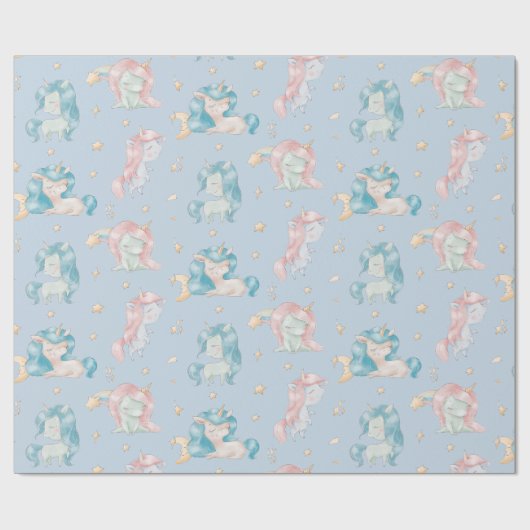 Niedlich Baby Unicorn Pink Blue Pastel Kinderzimme Geschenkpapier (Flach)