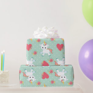 Niedlich Baby Unicorn Polka Dot Pattern Geburtstag Geschenkpapier