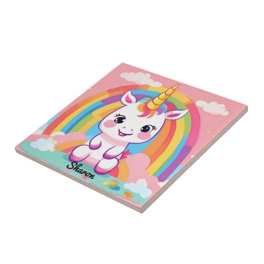 Niedlich Baby Unicorn Rainbow Fliese (Seite)