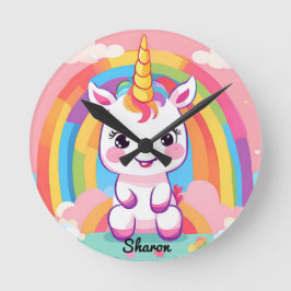 Niedlich Baby Unicorn Rainbow Runde Wanduhr