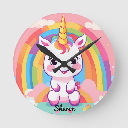 Niedlich Baby Unicorn Rainbow Runde Wanduhr (Vorderseite)