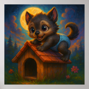 Niedlich Baby Werewolf über Dog House Fantasy Art Poster