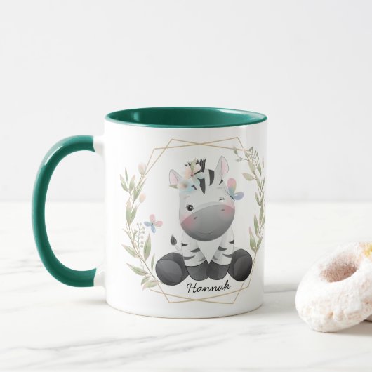 Niedlich Baby Zebra Blume Wreath Individuelle Name Tasse (Mit Donut)