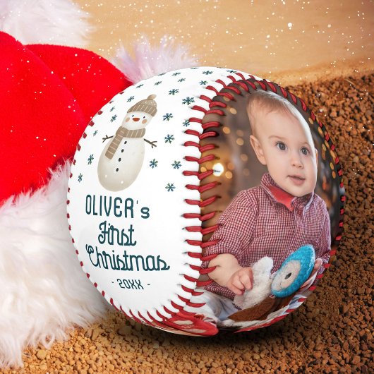 Niedlich Baby's 1. Weihnachtsschneemann 2 Foto Baseball