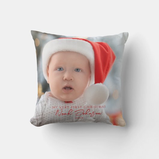 Niedlich Baby's First Christmas Foto White Kissen (Vorderseite)