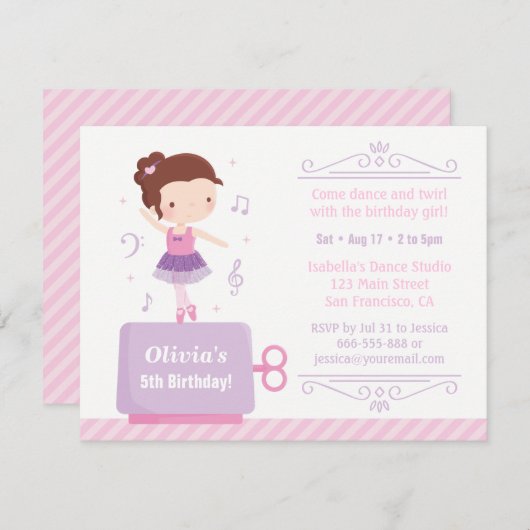 Niedlich Ballerina Girl Music Box Geburtstagsparty Einladung (Vorne/Hinten)