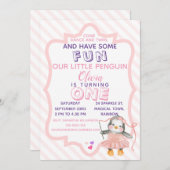 Niedlich Ballerina Pinguin Pink 1. Geburtstag Einl Einladung (Vorne/Hinten)