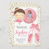 Niedlich Ballerina Pink Gold Glitzer | Foto Geburt Einladung (Vorne/Hinten)