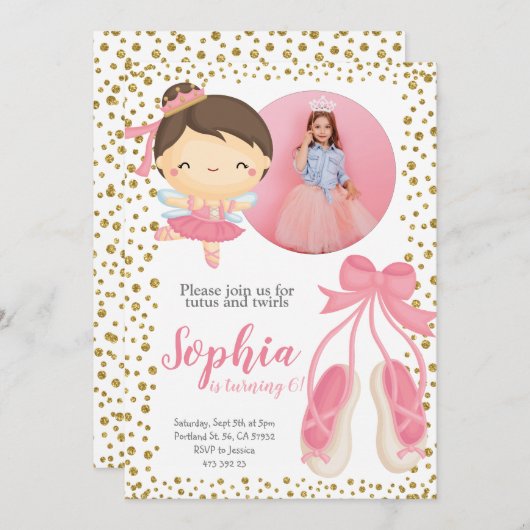 Niedlich Ballerina Pink Gold Glitzer | Foto Geburt Einladung (Vorne/Hinten)