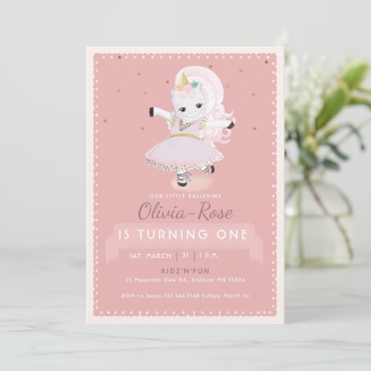 Niedlich Ballerina Unicorn Dusty Pink Girl Geburts Einladung (Stehend Vorderseite)