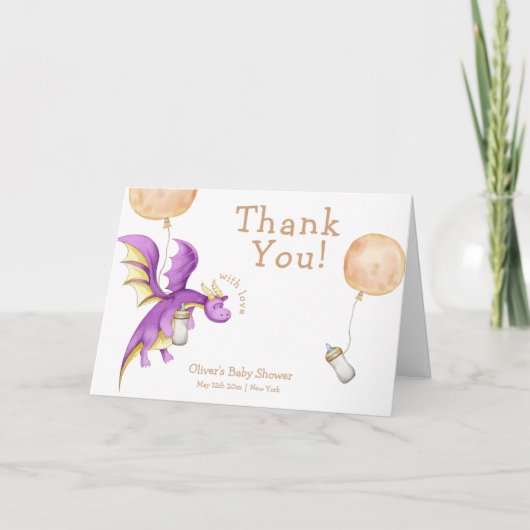 Niedlich Balloon Fairy Dragon Flasche Babydusche Dankeskarte (Vorderseite)