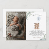 Niedlich Balloon Greenery Teddy Bear Erster Geburt Dankeskarte (Vorne/Hinten)