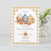 Niedlich Bär Gingham Pumpkin - Beary First Birthda Einladung (Stehend Vorderseite)
