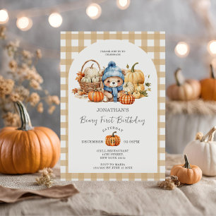Niedlich Bär Gingham Pumpkin - Beary First Birthda Einladung