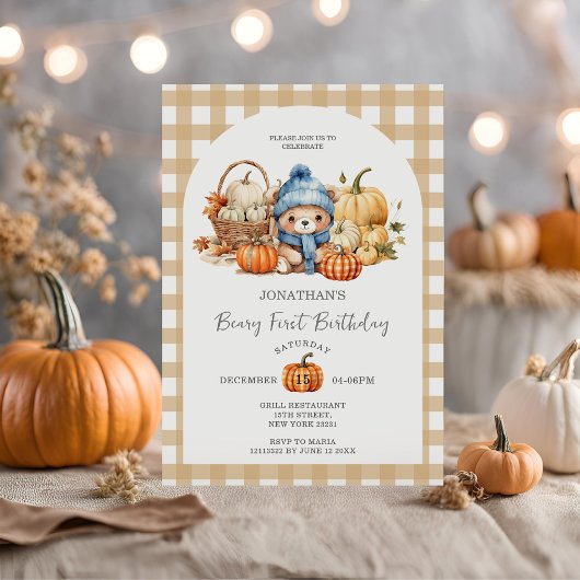 Niedlich Bär Gingham Pumpkin - Beary First Birthda Einladung